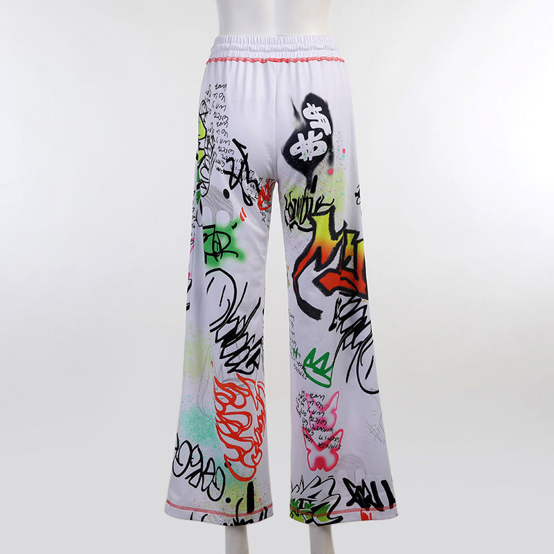 Casual Graffiti Print Wide Legs Pants for Women