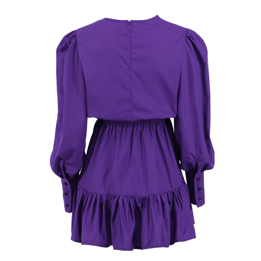 Vintage Long Sleeves Elastic Waist Short Dresses