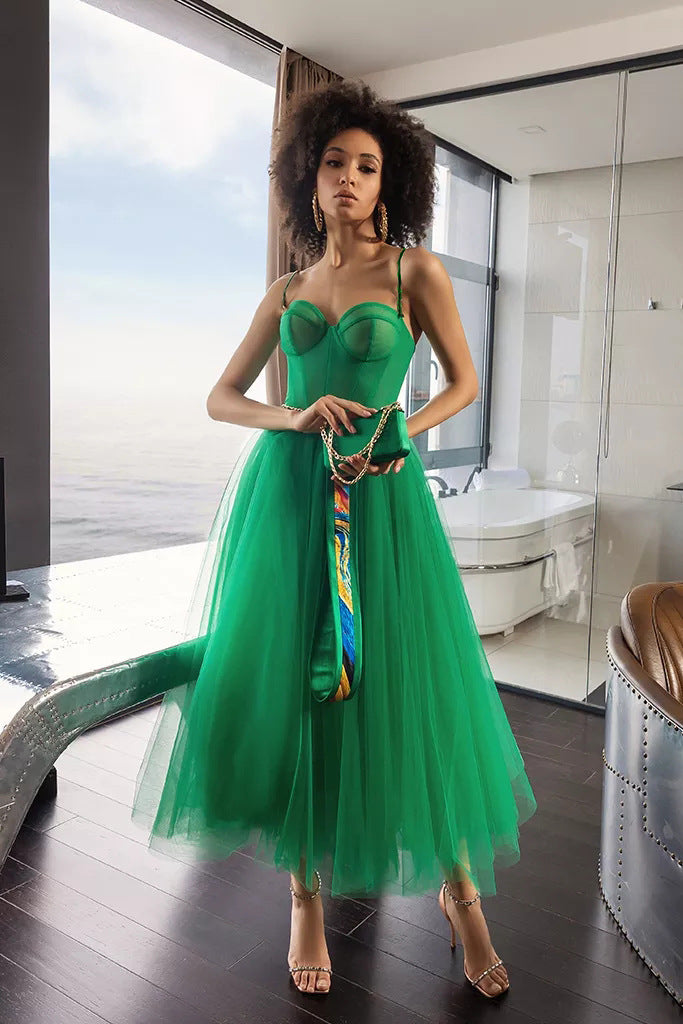 Green Tulle Shoulder Straps Party Dresses