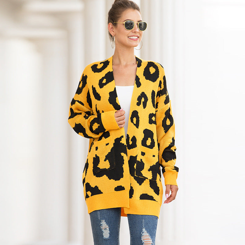 Women Leopard Design Pockets Knitting Cardigans