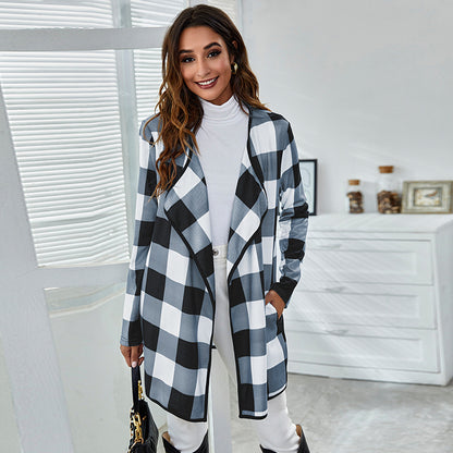 Casual Pocket Design Plaid Women Coats