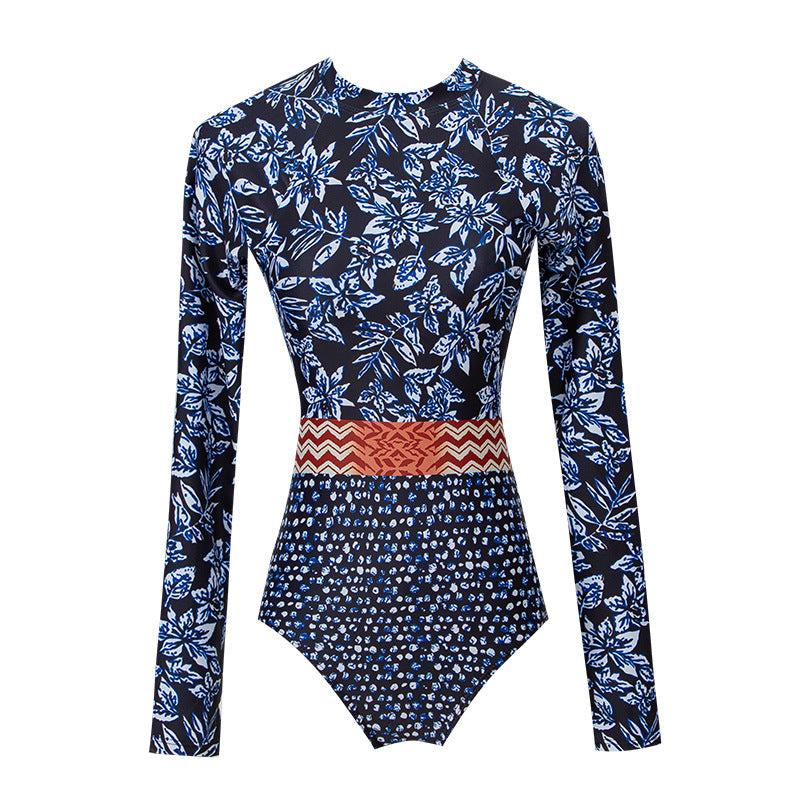 Blue Floral Print Long Sleeves Surf Wear