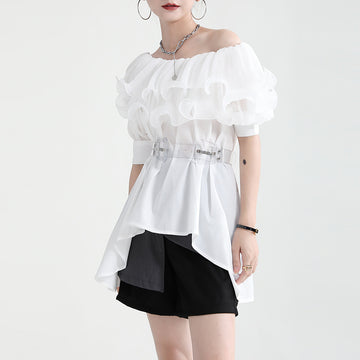 Summer Off The Shoulder Chiffon Ruffled Shirts with Belt for Girls