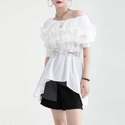 Summer Off The Shoulder Chiffon Ruffled Shirts with Belt for Girls