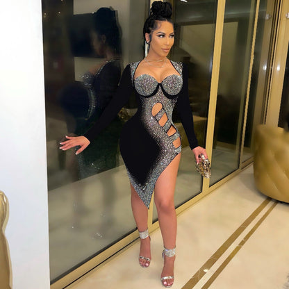 Sexy Long Sleeves Diamond Night Club Dresses-STYLEGOING