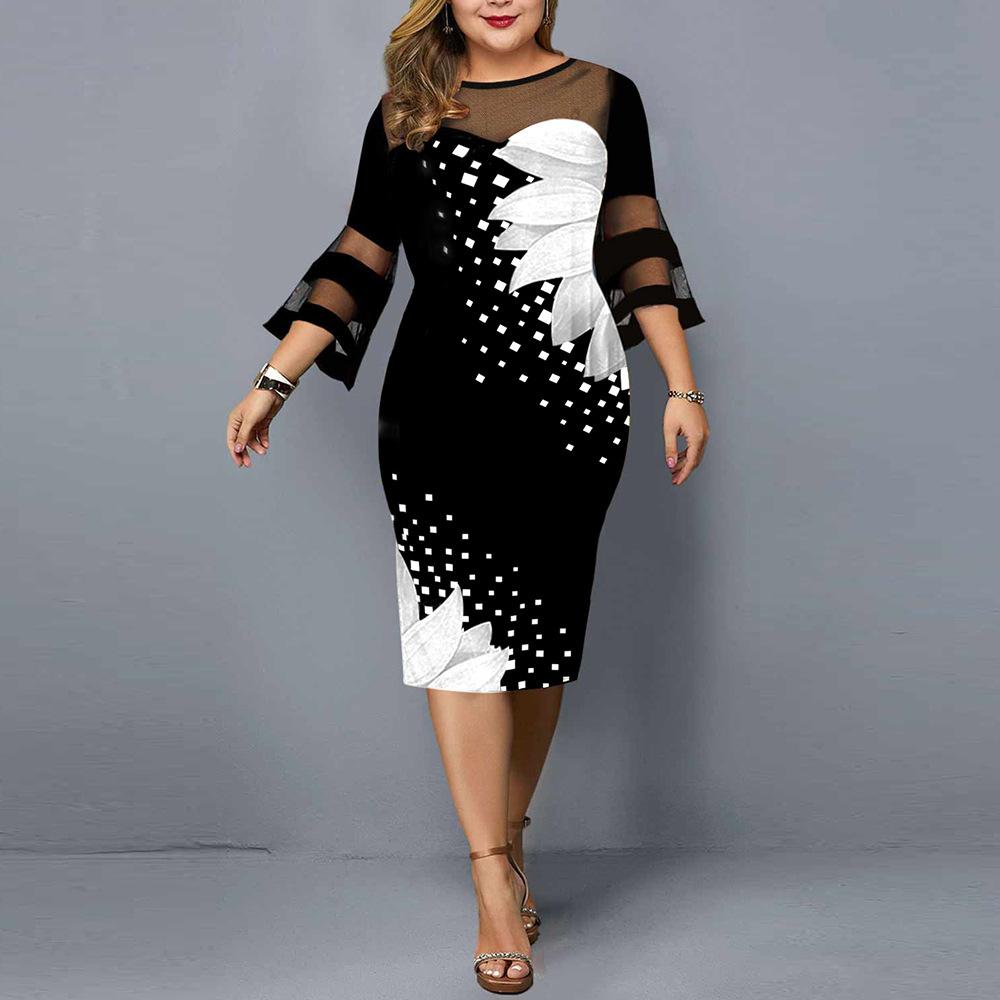 Women Floral Print Plus Sizes Net Fall Dresses