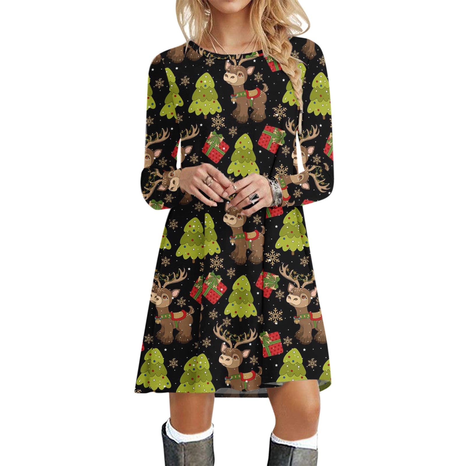 Casual Merry Christmas Long Sleeves Short Dresses