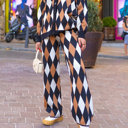 Women Geometry Casual Knitting Top&Pants Two Pieces Suits