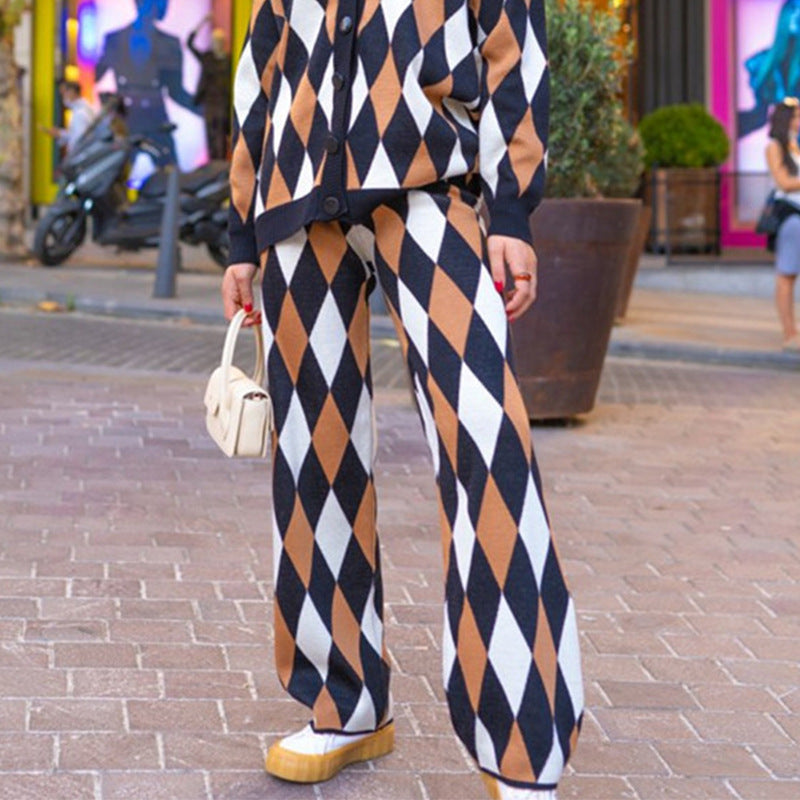 Women Geometry Casual Knitting Top&Pants Two Pieces Suits
