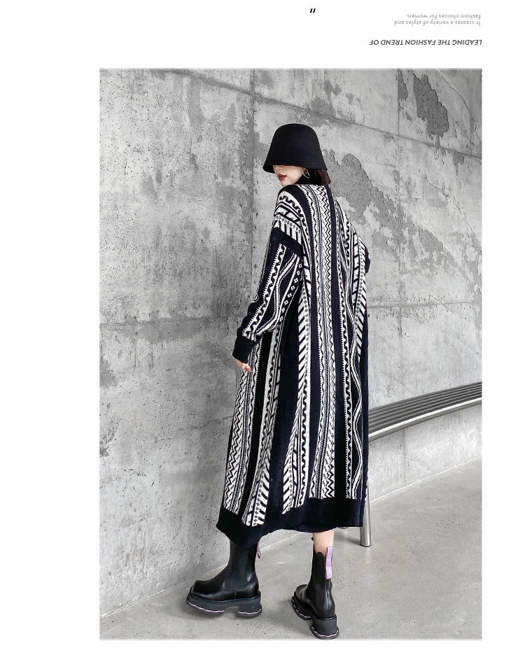 Casual Black Striped Long Knitting Cardigan Tops