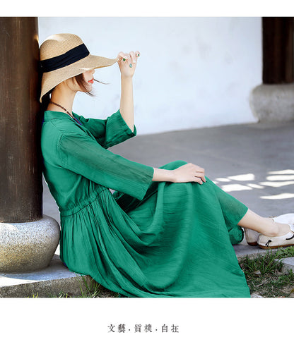 Casual Linen Half Sleeves Drawstring Long Cozy Dresses