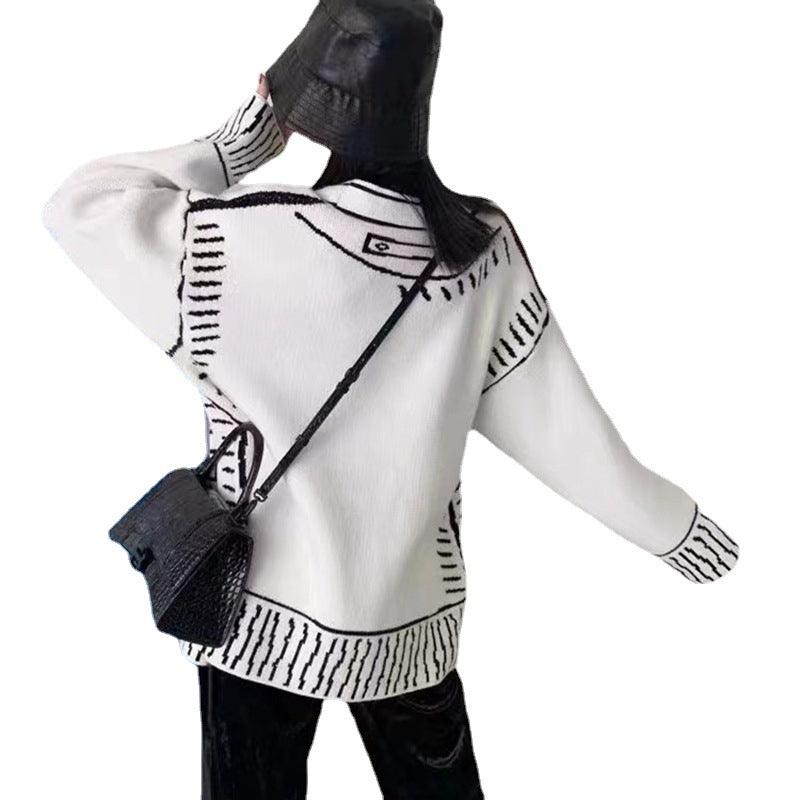 Black and White Graffiti Loose Knitted Sweater Cardigans