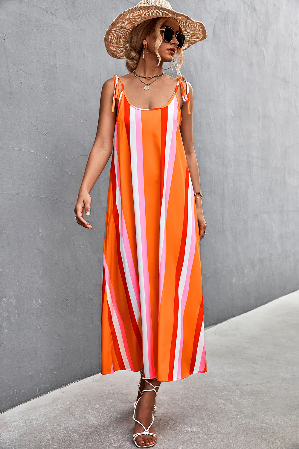 Sexy Backless Striped Long Sleeveless Dresses
