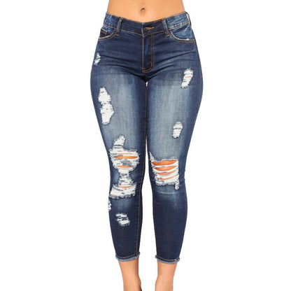 Leisure High Waist Broken Hole Women Denim Jeans