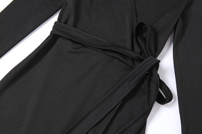 Sexy Black Split Front Long Sleeve Dresses