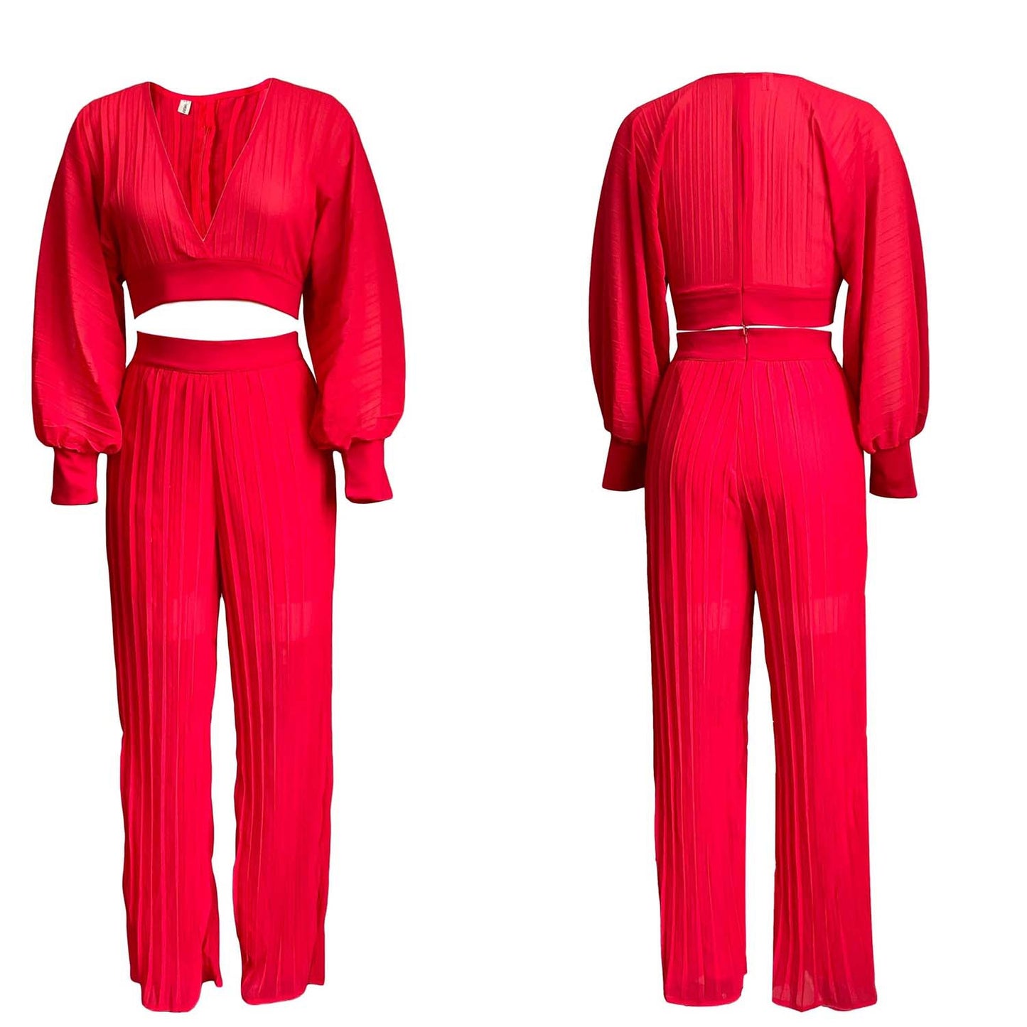 Sexy Women Two Pieces Long Sleeves Short Tops and Wide Legs Pants
