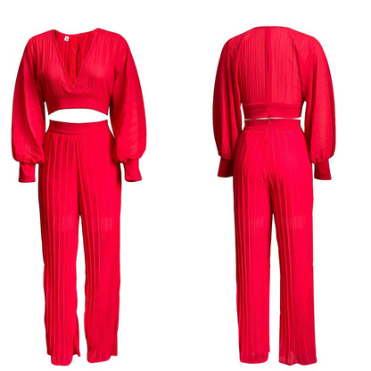Sexy Women Two Pieces Long Sleeves Short Tops and Wide Legs Pants