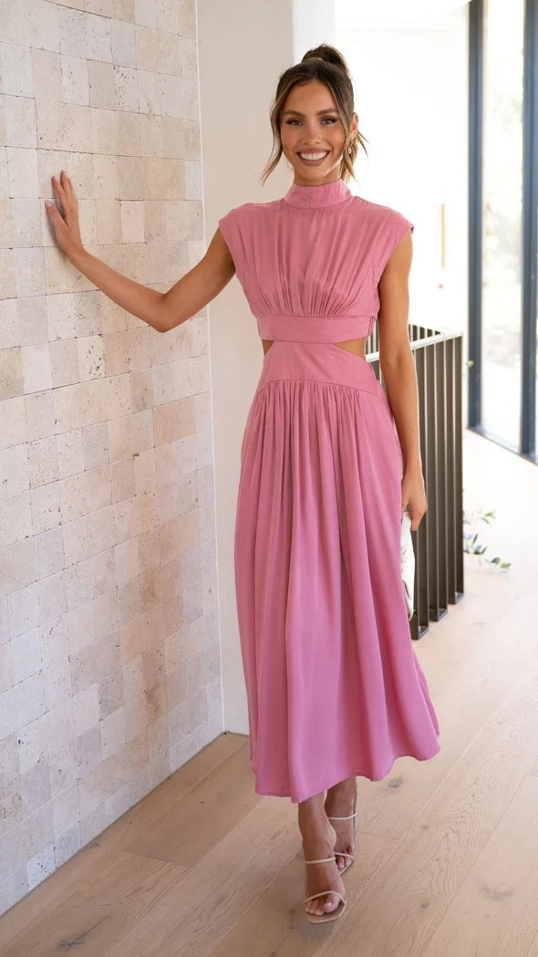 Fashion Stand Collar Waist Baring Summer Long Dresses