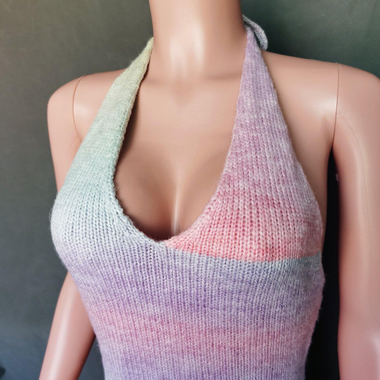 Sexy Deep V-neck Rainbow Knitting Dresses-STYLEGOING