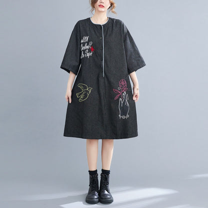 Ethnic Embroidery Plus Sizes Denim Midi Dresses