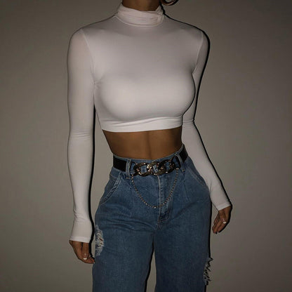 Sexy Long Sleeves High Neck Middriff Baring Women Tops