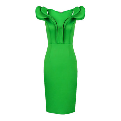 Green V Neck Ruffled High Waist Party Dresses