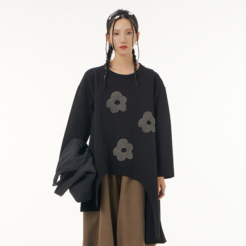 Gray Flowers Irregular Pullover Top Sweaters