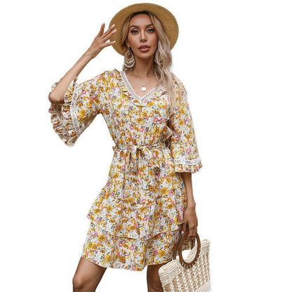 Summer Bell Sleeves Ruffled Short Dresses-STYLEGOING