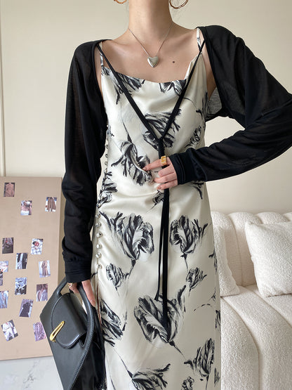 Vintage Floral Design Satin Summer Sleeveless Sun Dresses