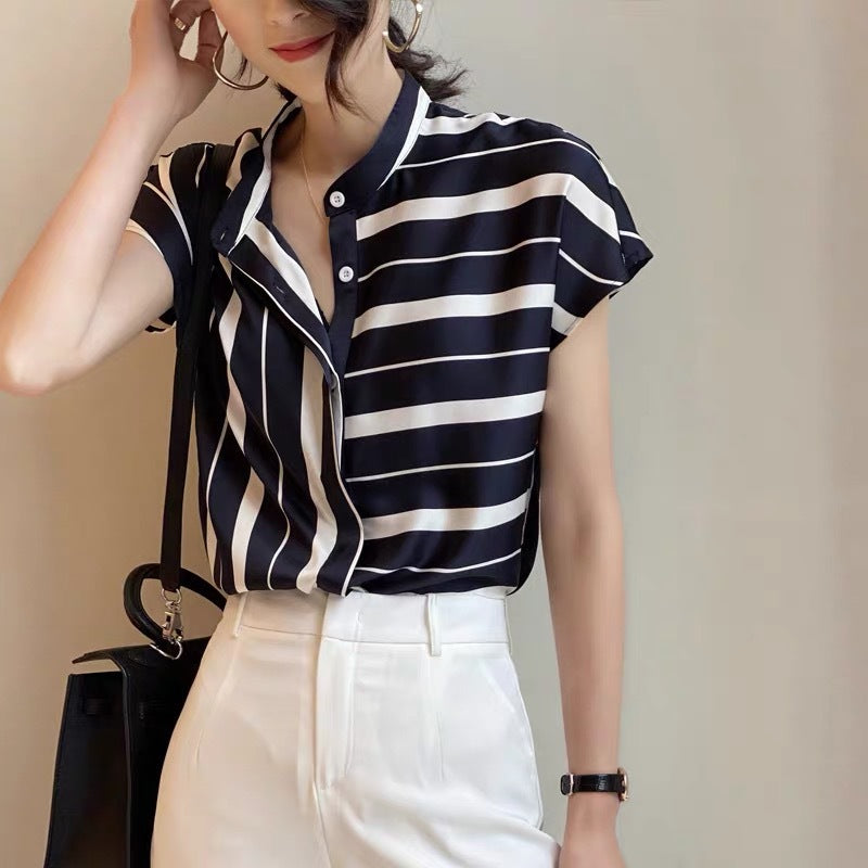 Women Chiffon Striped Stand Collar Short Sleeves T Shirts