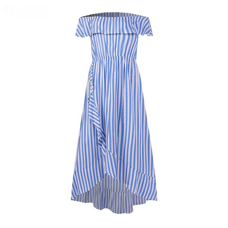 Off The Shoudler Striped Irregular Long Dresses-STYLEGOING