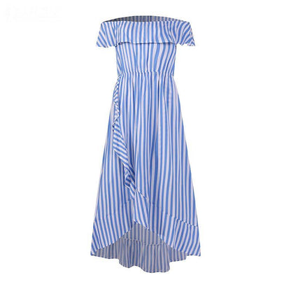 Off The Shoudler Striped Irregular Long Dresses-STYLEGOING