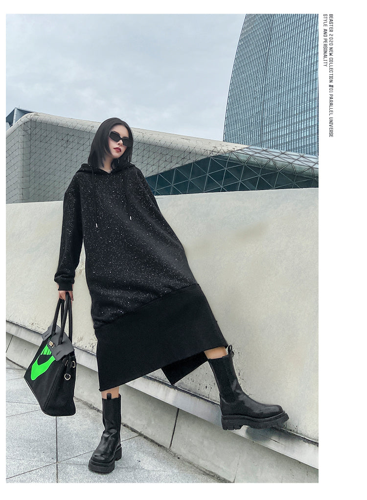 Black Velvet Long Sleeves Hoodies Cozy Dresses