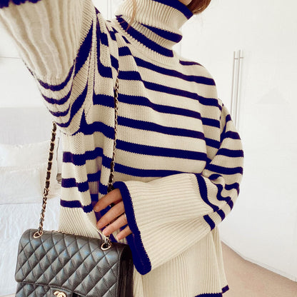Women High Neck Knitting Striped Sweaters