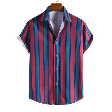 Red and Blue Striped Summer Short Sleeves Shirts for Men