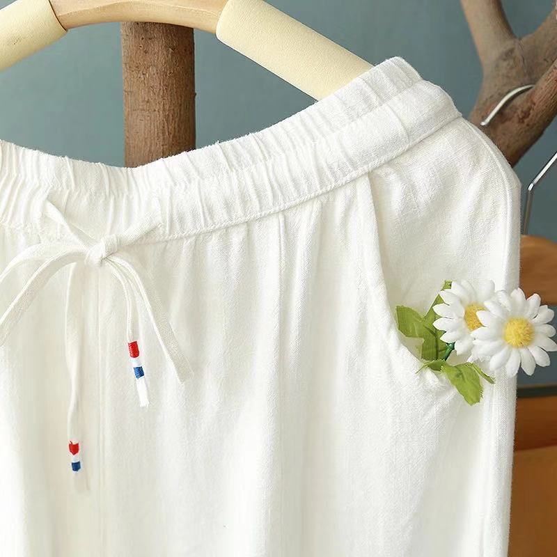Vintage Linen Elastic Waist Summer Wide Legs Pants for Women