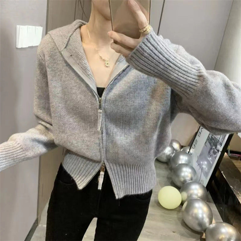 Casual Double Zippered Short Knitting Hoodies Sweaters