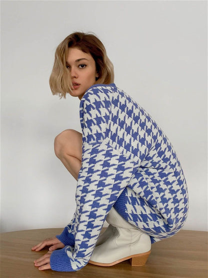 Women V Neck Kntting Plaid Long Sleeves Cardigan Overcoat-STYLEGOING