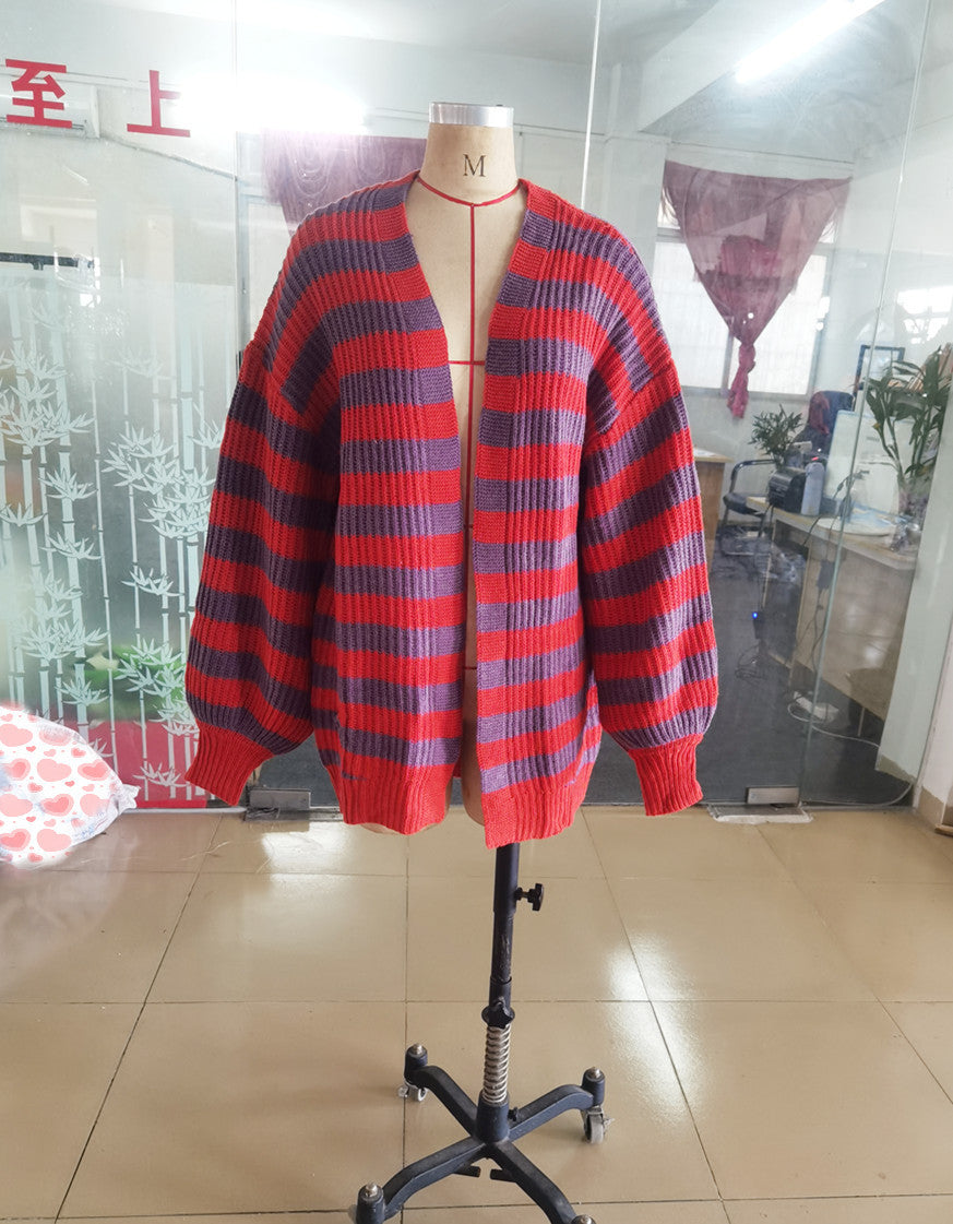 Women Striped Knitting Cardigan Sweaters