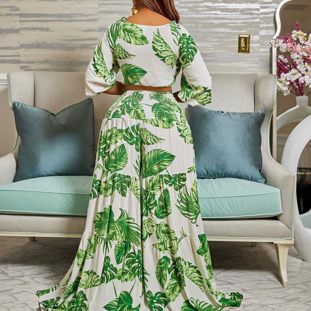 Casual Leaf Print Two Pieces Women Suits