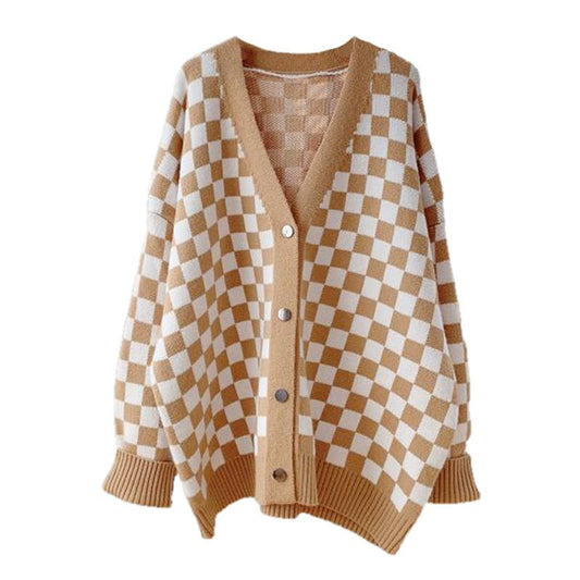 Women Chessboard Print Loose Knitting Cardigans