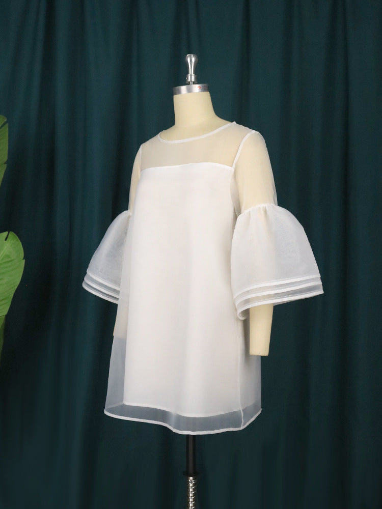 Sweety Tulle See Through Trumpet Sleeves Short White Plus Sizes Dresses