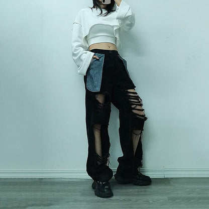 Causal Broken Holes High Waist Demin Pants-STYLEGOING