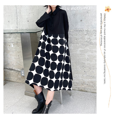 Vintage Dot Print Black Long Sleeves A Line Shirts Dresses