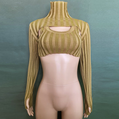 Sexy High Neck Knitting Women Short Tops Suits