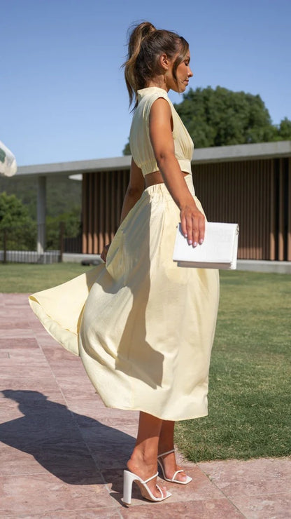 Fashion Stand Collar Waist Baring Summer Long Dresses