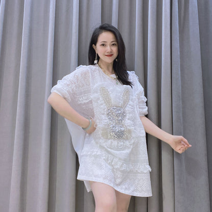 Summer Women Embroidery Pearl Plus Sizes Long Blouses