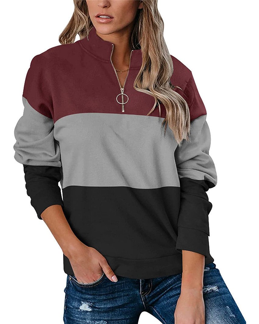 Women Casual Contrast 3 Colors Zipper Neck Fall Hoodies
