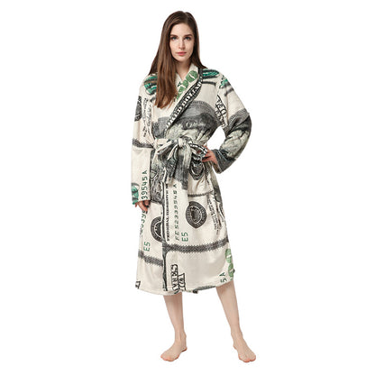 Casual Dollar Print Fleece Warm Sleepwear Night Gown