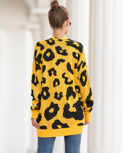 Women Leopard Design Pockets Knitting Cardigans